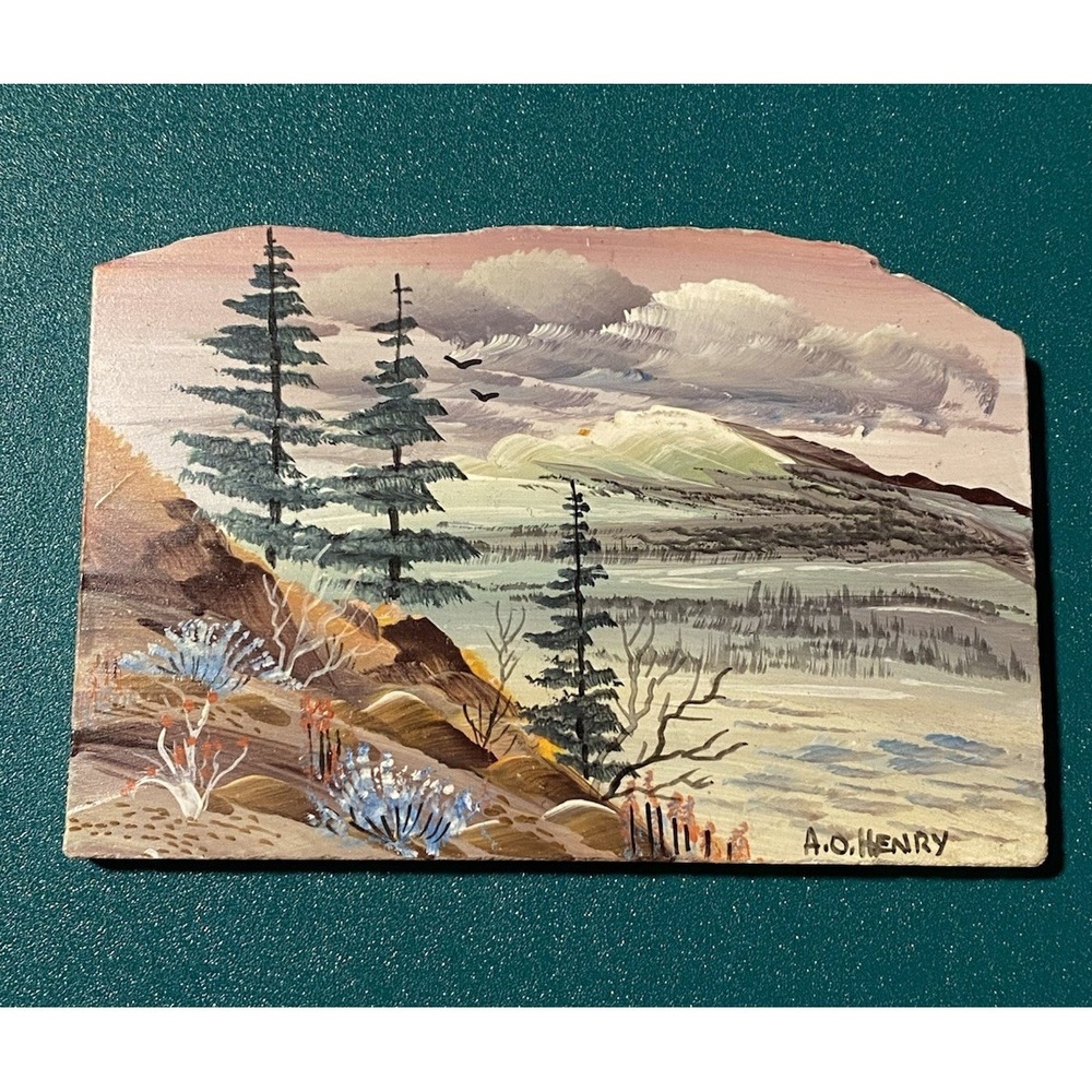 1970's Original A.O.HenryHand-Painted Stone Slab Landscape Painting Nebraska Art